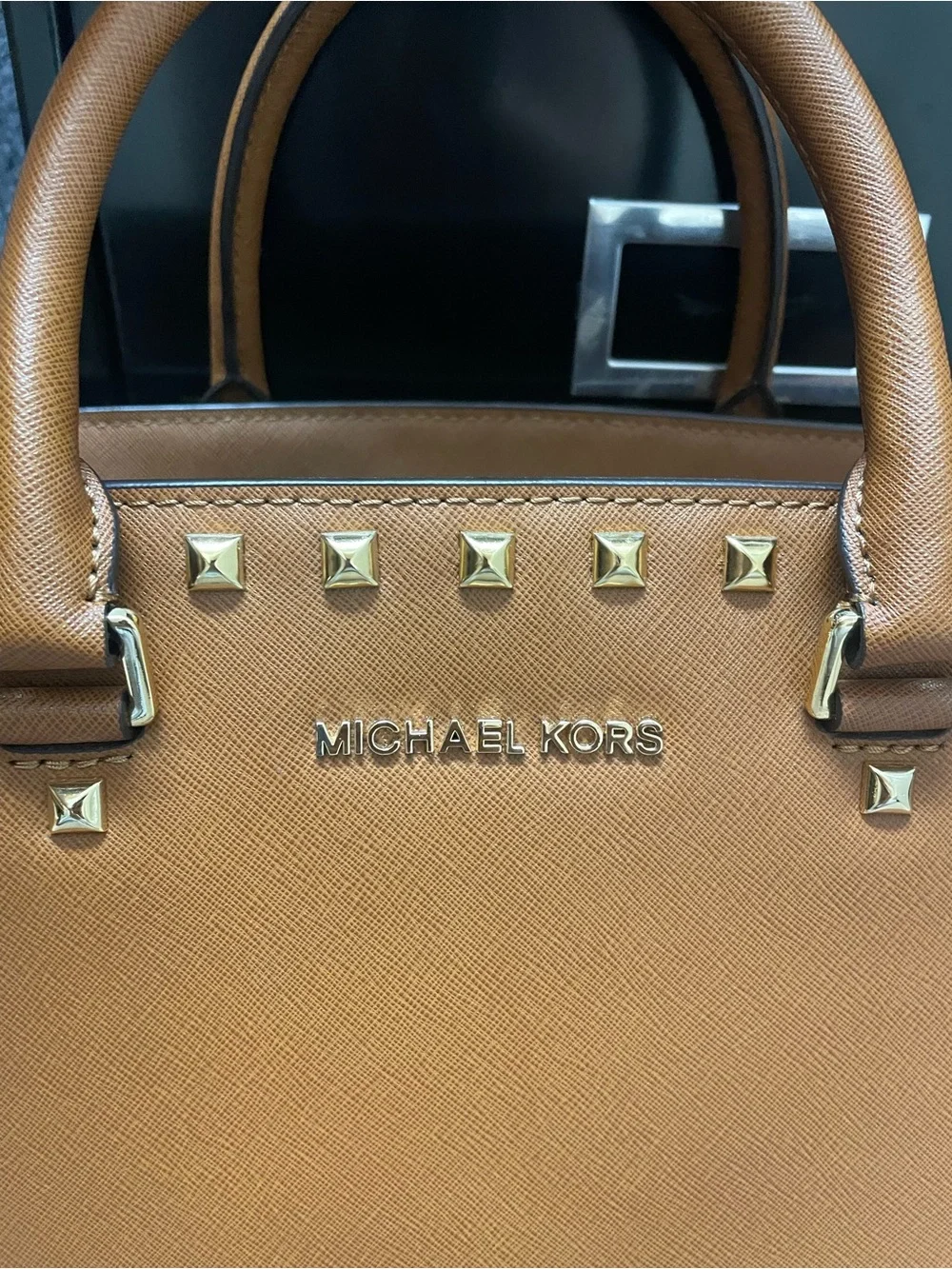 Michael Kors Brown Saffiano Leather Studded Satchel